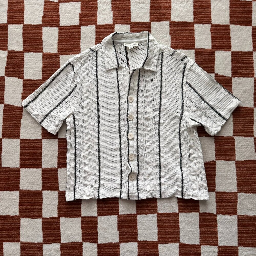 Black and White Cropped Knitted Button Down Shirt